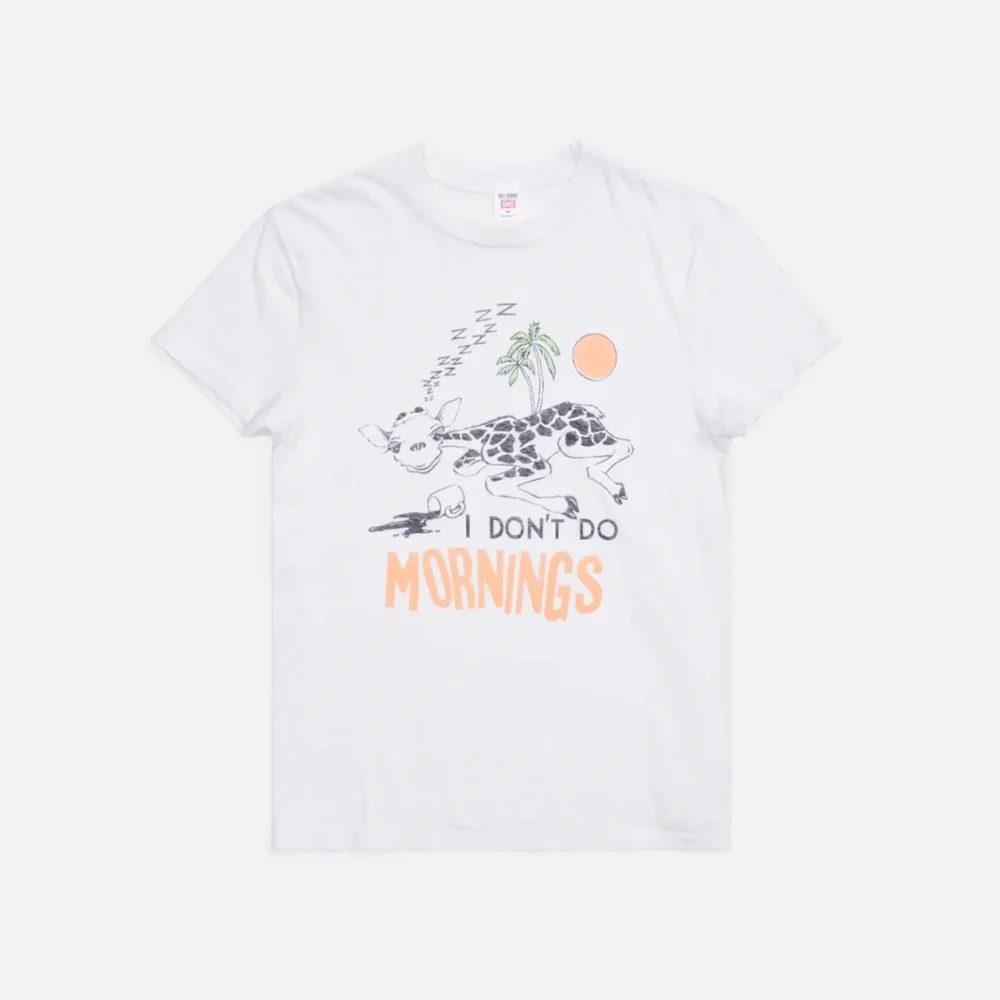 Redone 70s Loose Tee “ I Don’t Do Mornings Graphic - White with Orange Print - Picture 4 of 11